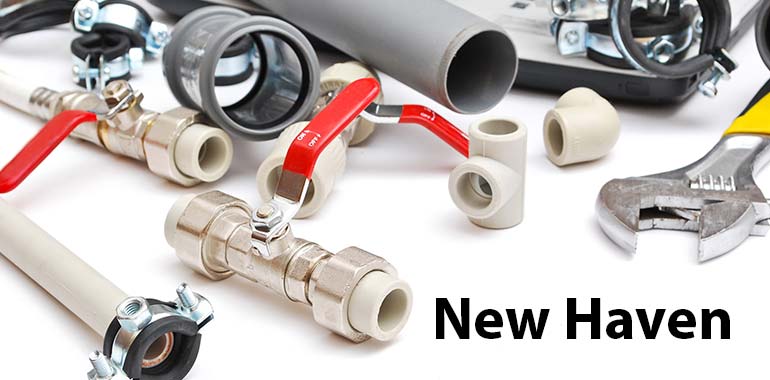 Plumbing tools and pipes on a white surface, with bold black text "New Haven" in bottom right corner.